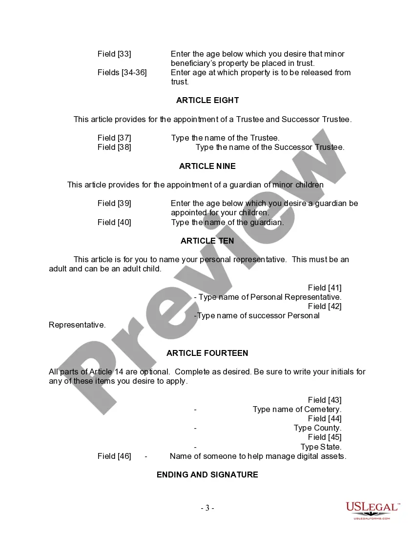 Preview Last Will and Testament for a Widow or Widower with Adult and Minor Children
