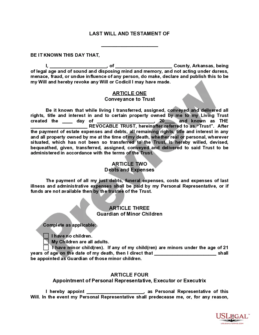 Preview Last Will and Testament with All Property to Trust called a Pour Over Will