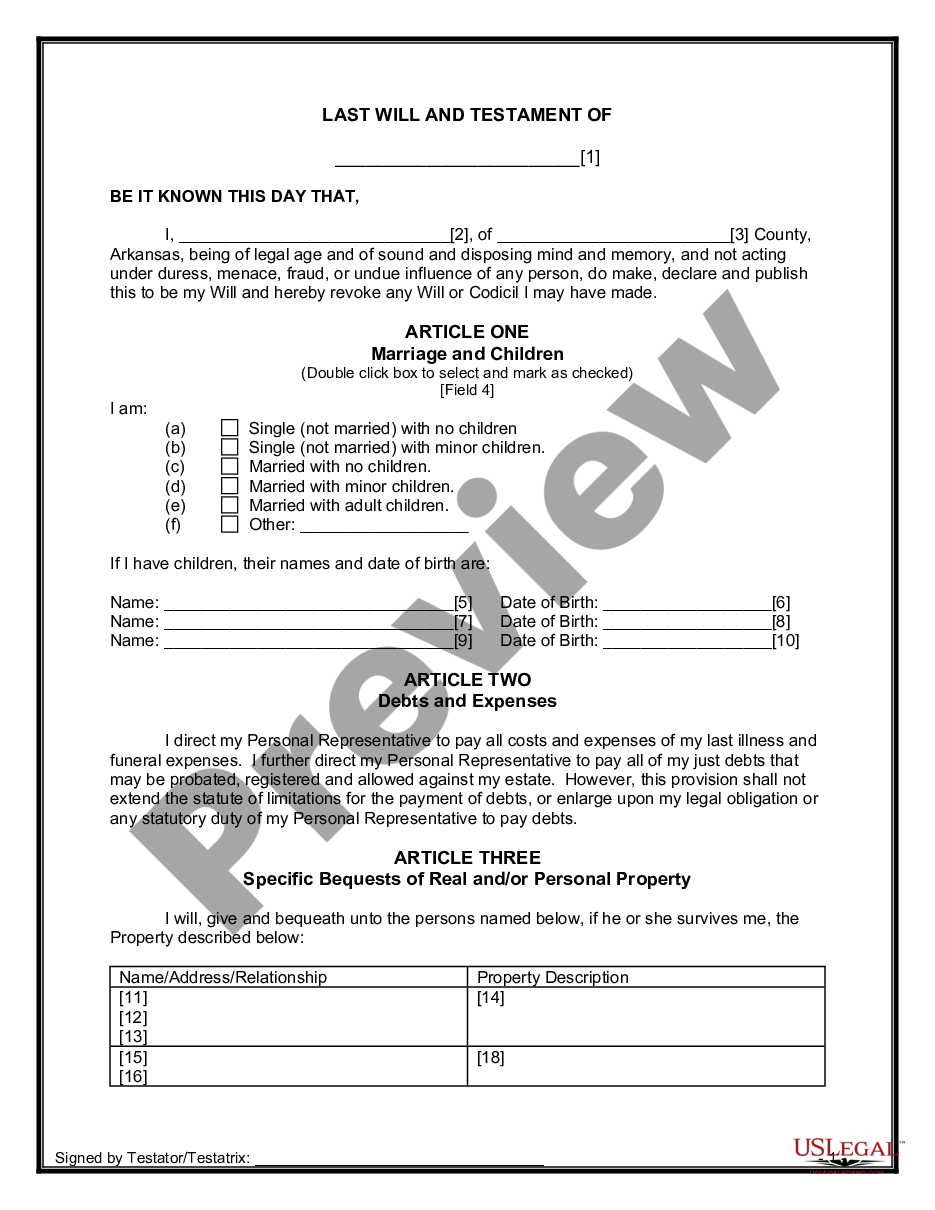 Arkansas Last Will and Testament for other Persons Last Will