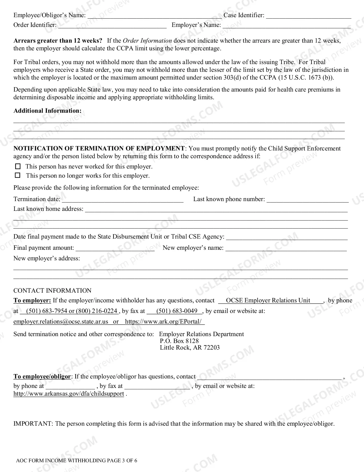 Preview Order to Withhold Income for Child Support
