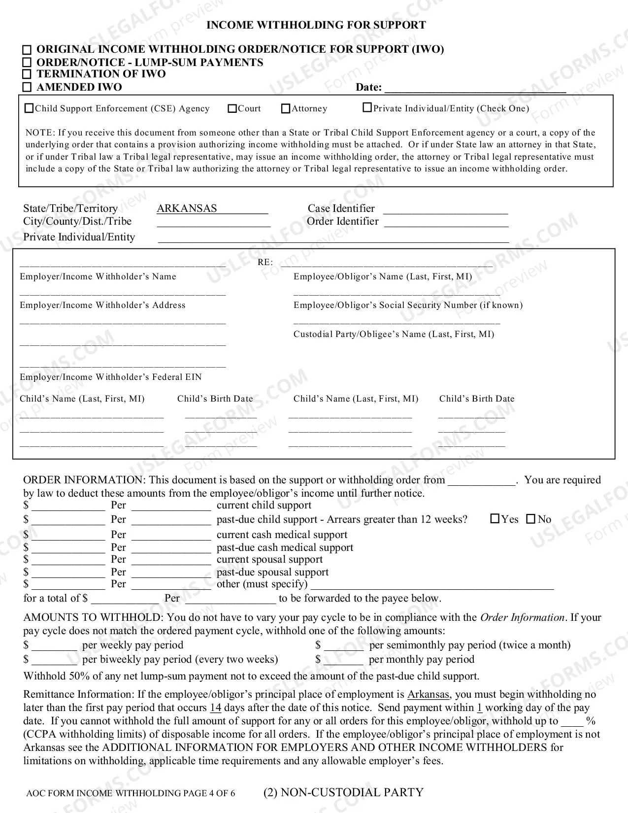 Preview Order to Withhold Income for Child Support