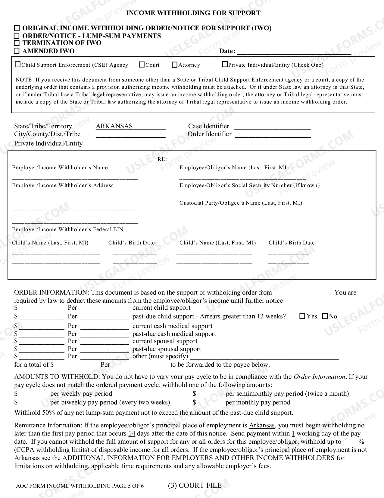 Preview Order to Withhold Income for Child Support