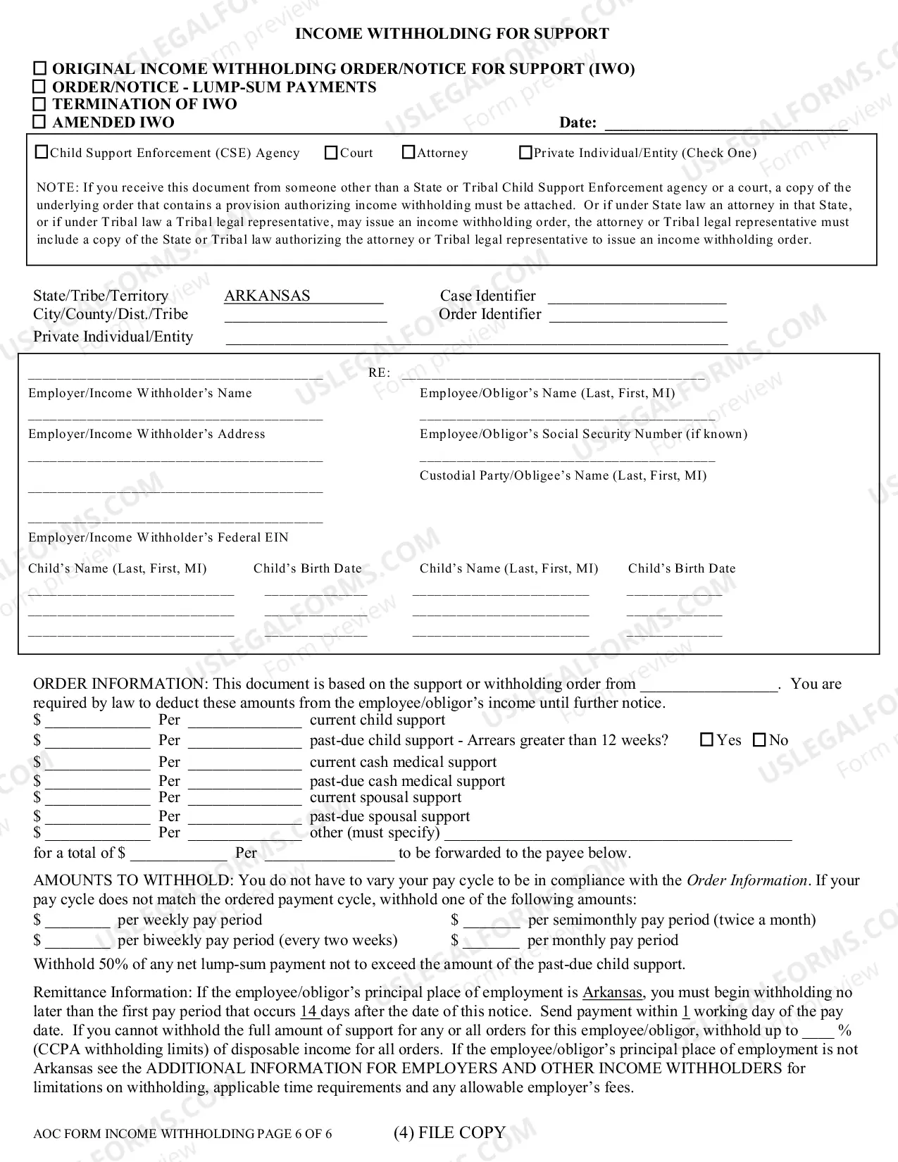 Preview Order to Withhold Income for Child Support
