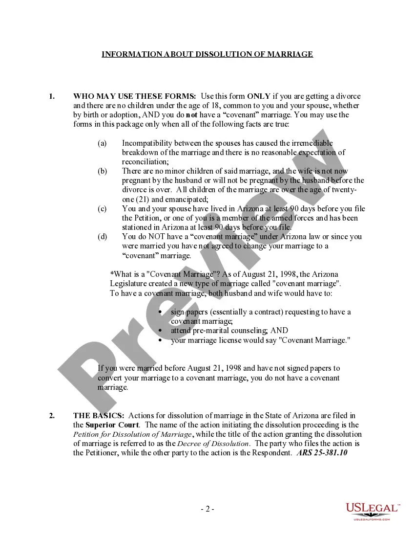 Preview Arizona No-Fault Uncontested Agreed Divorce Package for Dissolution of Marriage with Adult Children and with or without Property and Debts