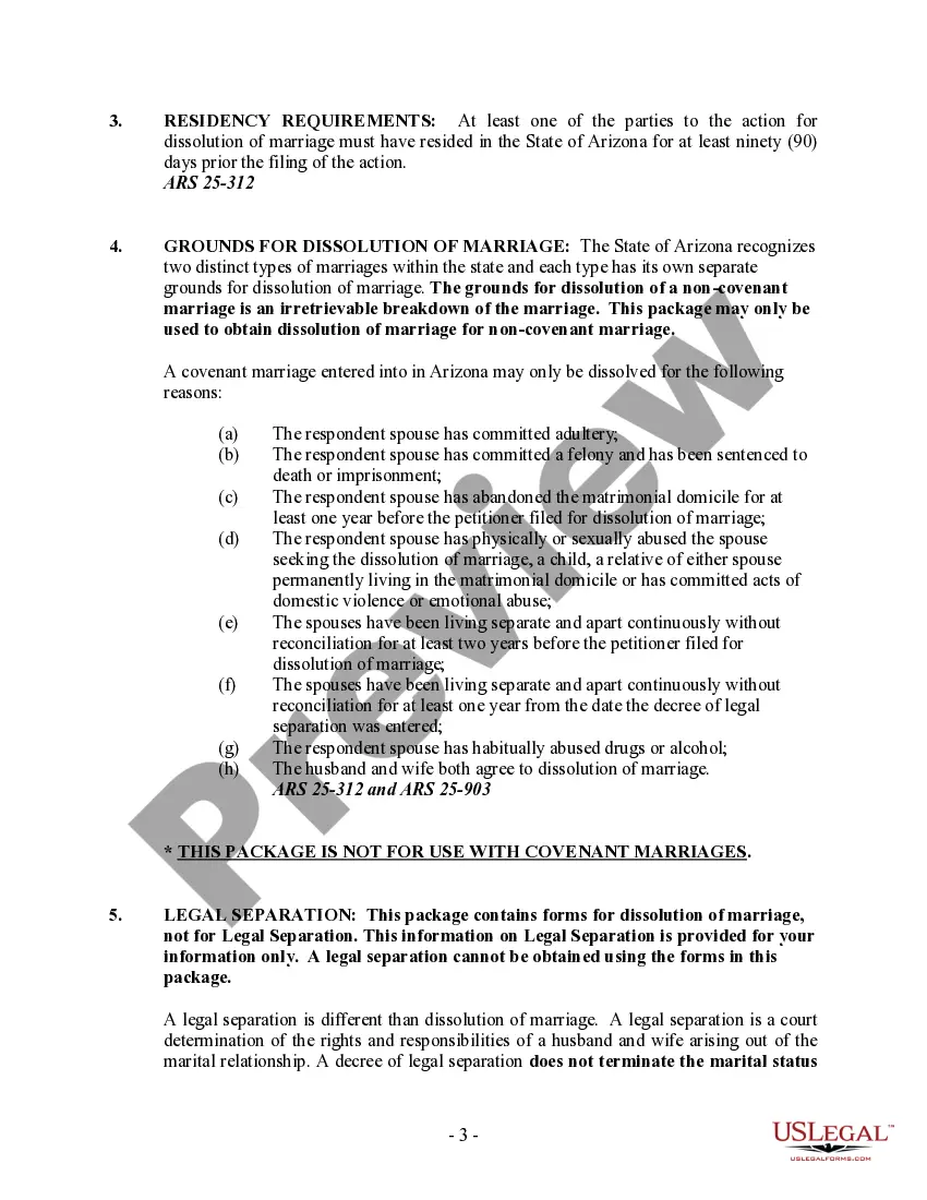 Preview Arizona No-Fault Uncontested Agreed Divorce Package for Dissolution of Marriage with Adult Children and with or without Property and Debts