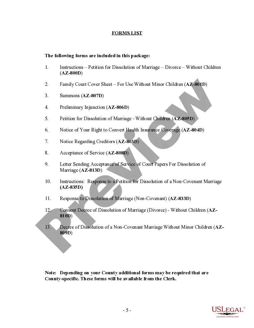 Preview Arizona No-Fault Uncontested Agreed Divorce Package for Dissolution of Marriage with Adult Children and with or without Property and Debts