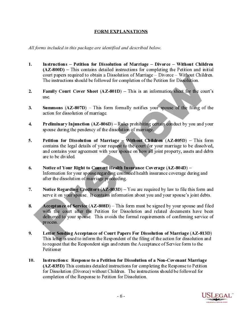 Preview Arizona No-Fault Uncontested Agreed Divorce Package for Dissolution of Marriage with Adult Children and with or without Property and Debts