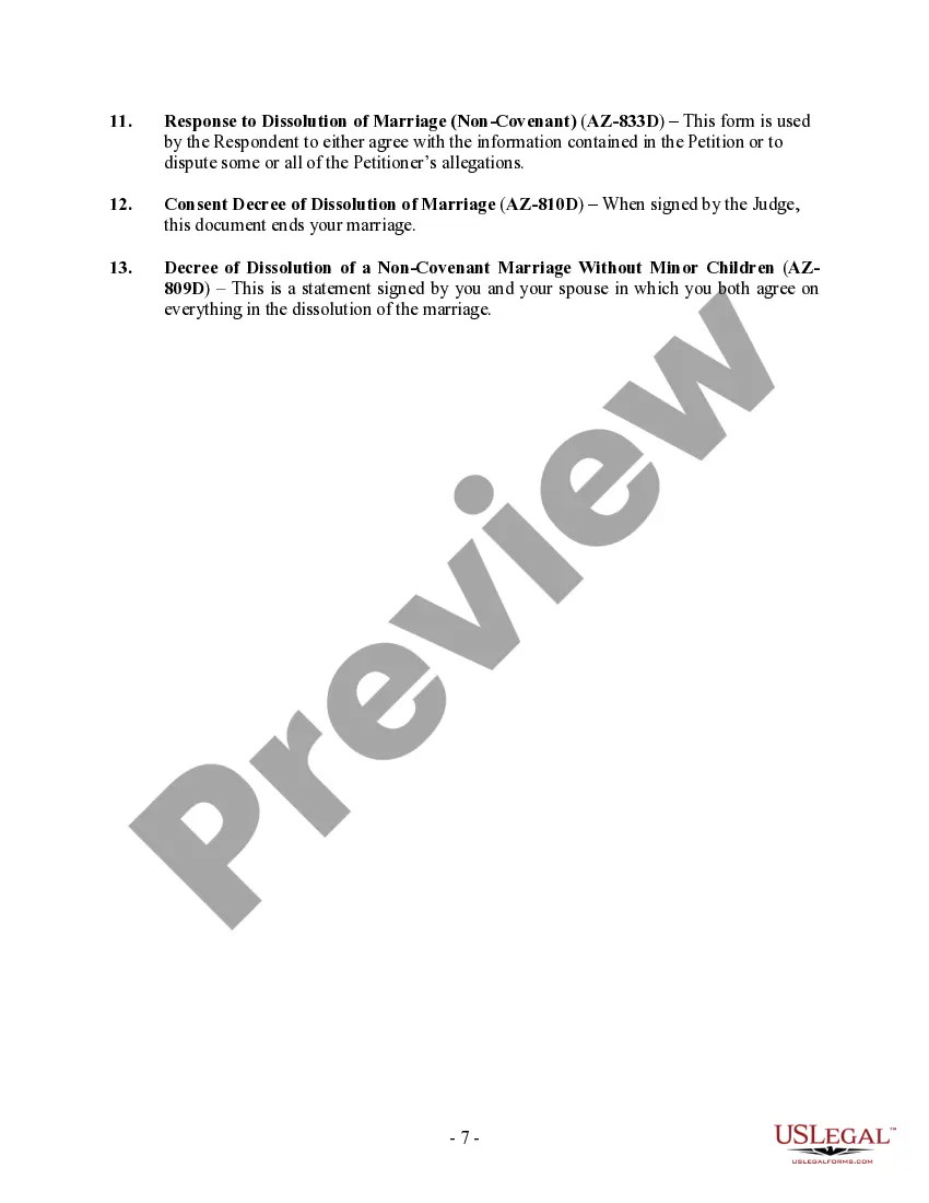 Preview Arizona No-Fault Uncontested Agreed Divorce Package for Dissolution of Marriage with Adult Children and with or without Property and Debts