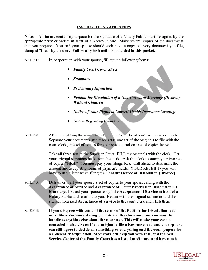 Preview Arizona No-Fault Uncontested Agreed Divorce Package for Dissolution of Marriage with Adult Children and with or without Property and Debts