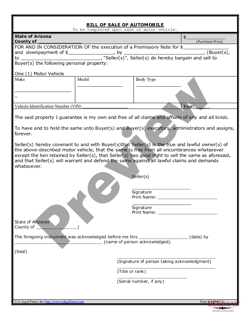 Arizona Bill Of Sale For Automobile Or Vehicle Including Odometer Statement And Promissory Note 2594