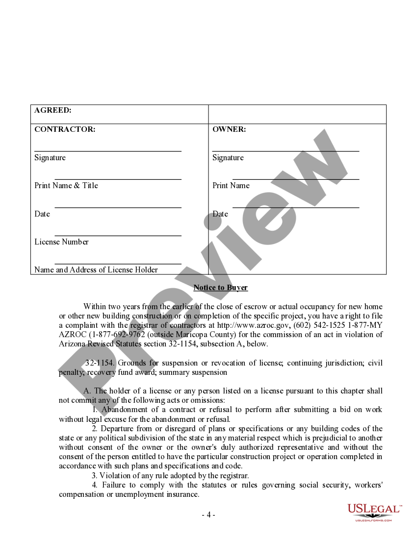 Arizona Trim Carpenter Contract for Contractor US Legal Forms