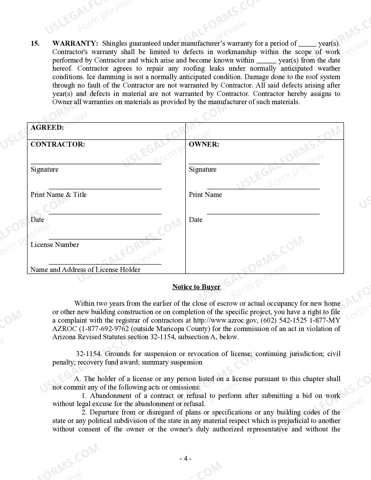 Preview Roofing Contract for Contractor