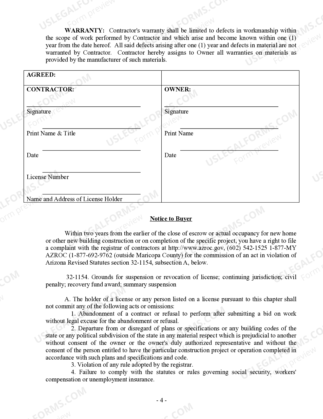 Arizona Construction Contract Cost Plus or Fixed Fee Construction Contract Template US Legal