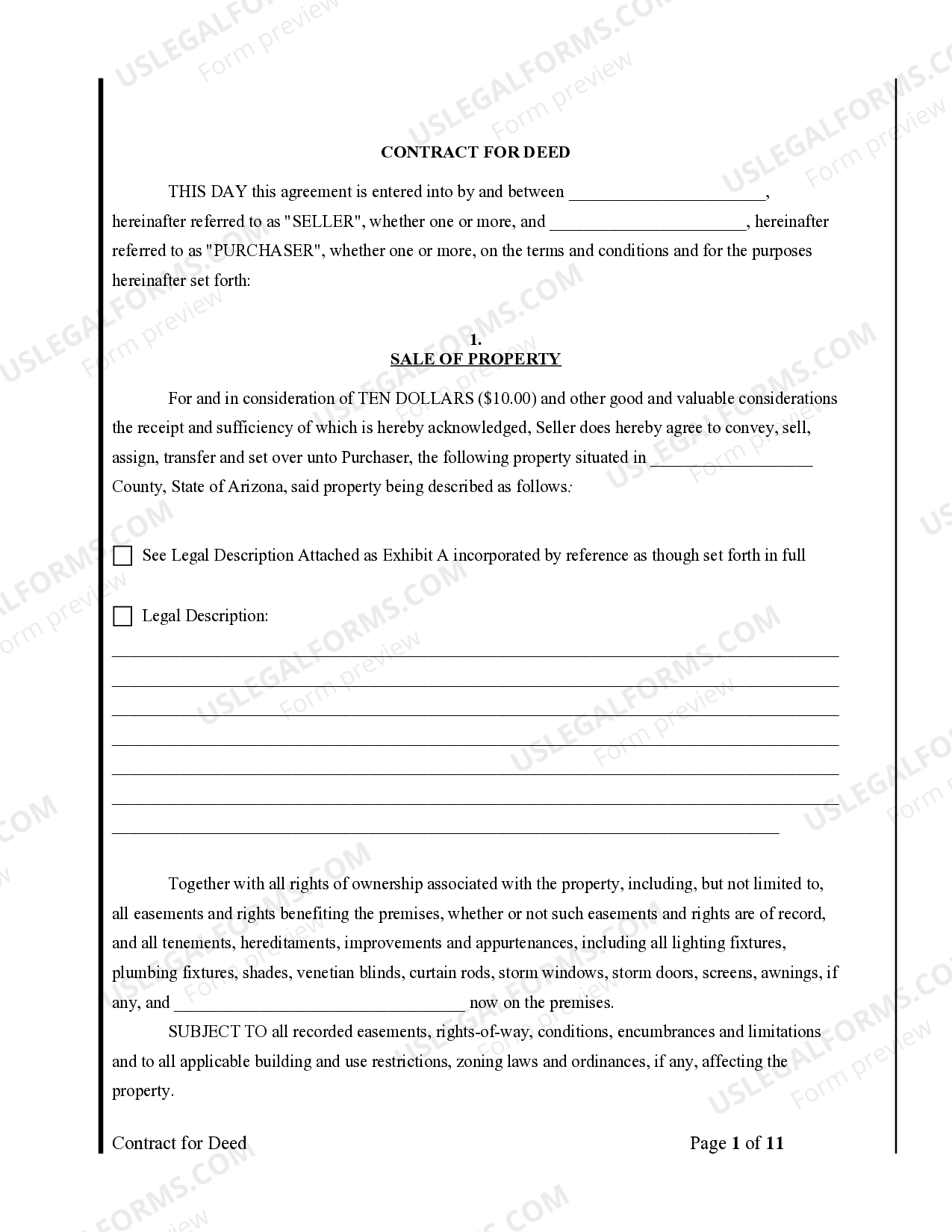 Arizona Agreement or Contract for Deed for Sale and Purchase of Real