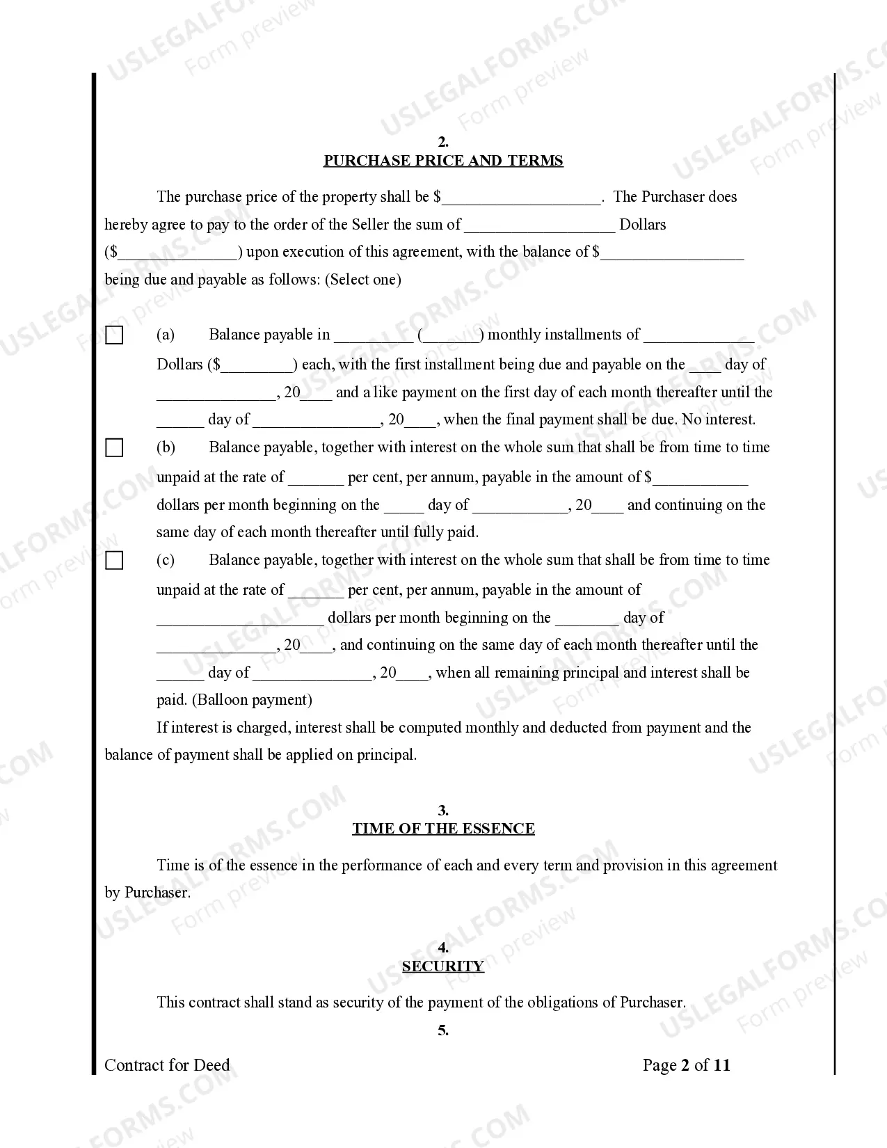 Preview Agreement or Contract for Deed for Sale and Purchase of Real Estate a/k/a Land or Executory Contract