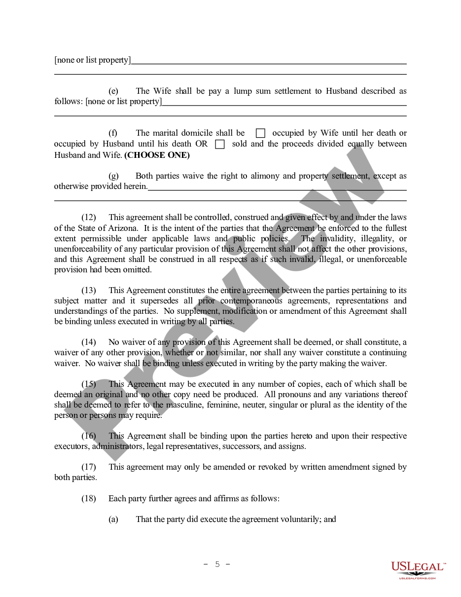 page 4 Arizona Prenuptial Premarital Agreement without Financial Statements preview