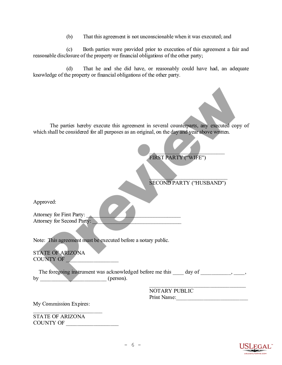 page 5 Arizona Prenuptial Premarital Agreement without Financial Statements preview