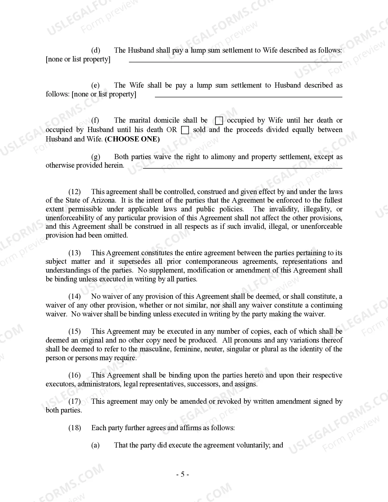 Preview Arizona Prenuptial Premarital Agreement without Financial Statements