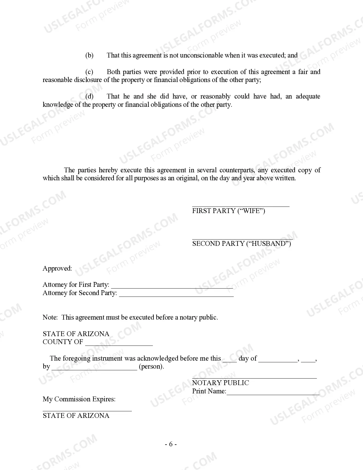 Preview Arizona Prenuptial Premarital Agreement without Financial Statements
