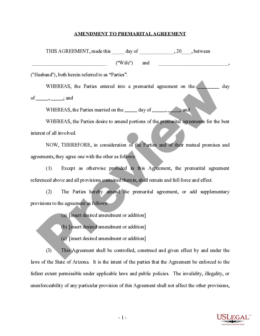 Arizona Amendment to Prenuptial or Premarital Agreement US Legal Forms