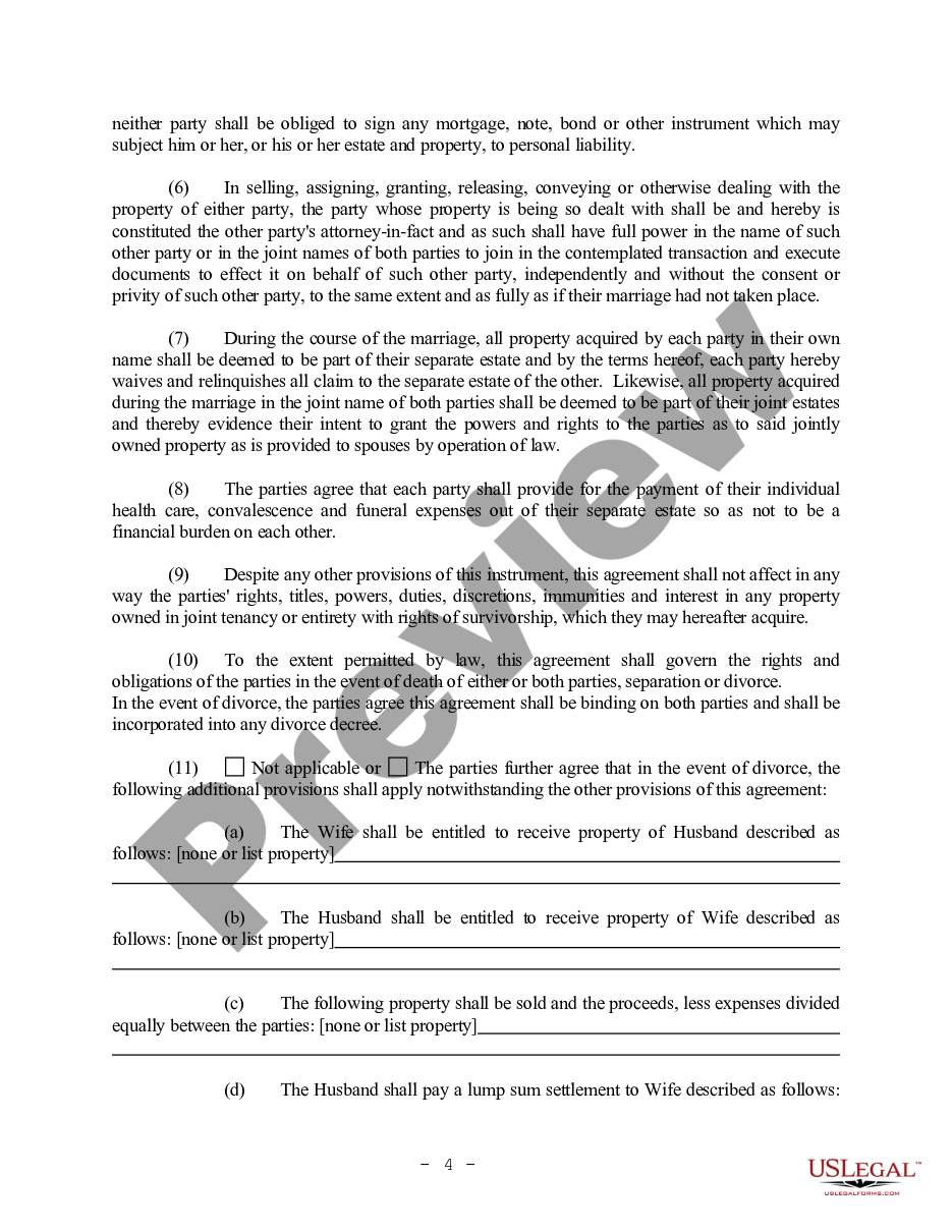 Arizona Prenuptial Premarital Agreement with Financial Statements US