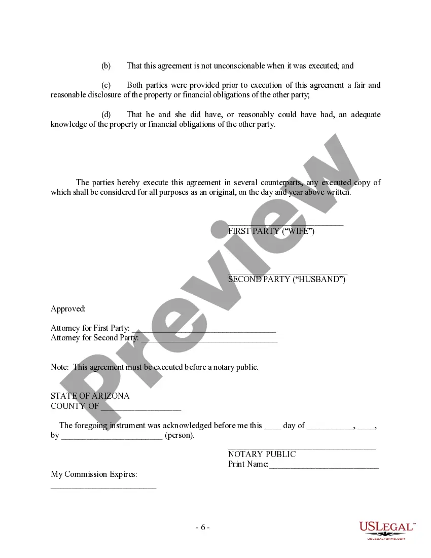 Preview Arizona Prenuptial Premarital Agreement with Financial Statements