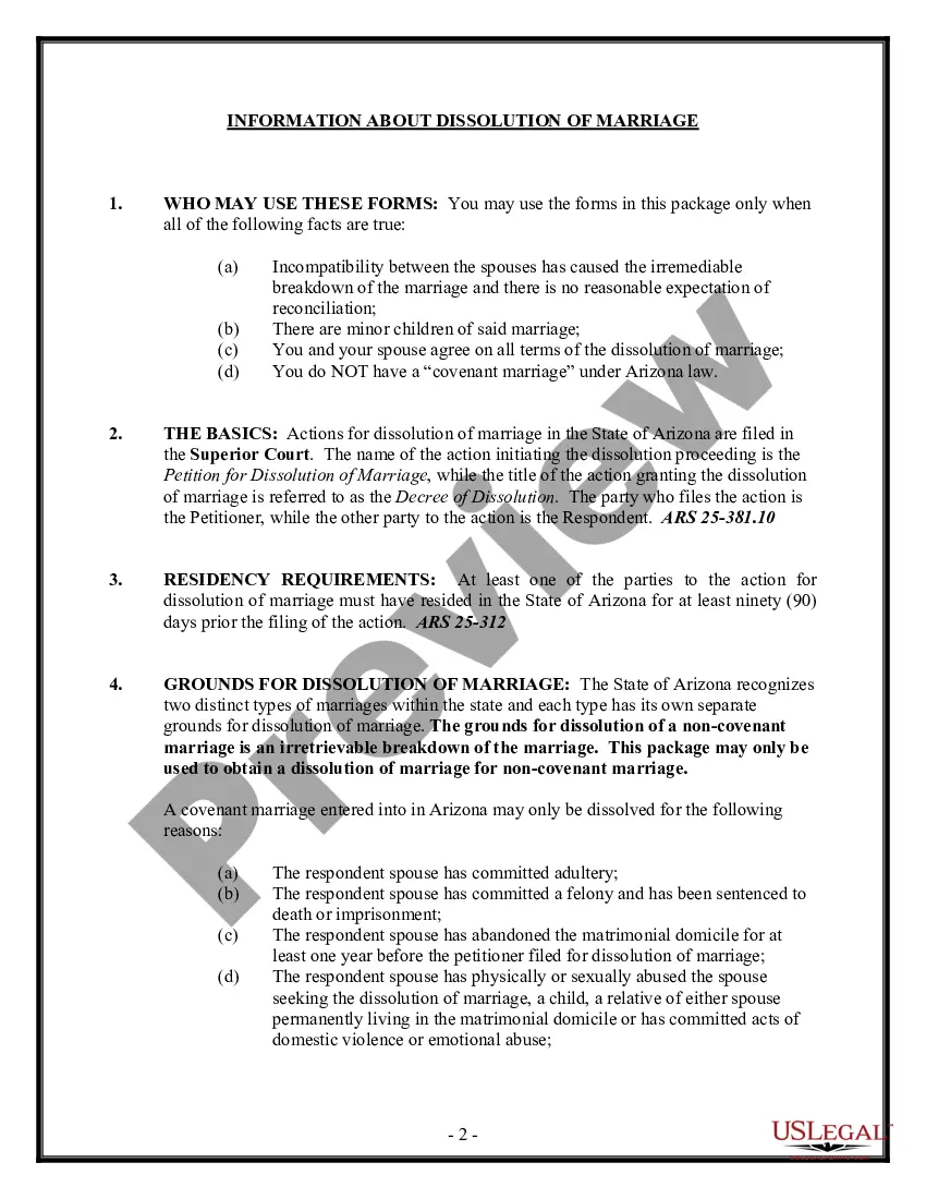 Preview Arizona No-Fault Agreed Uncontested Divorce Package for Dissolution of Marriage for people with Minor Children