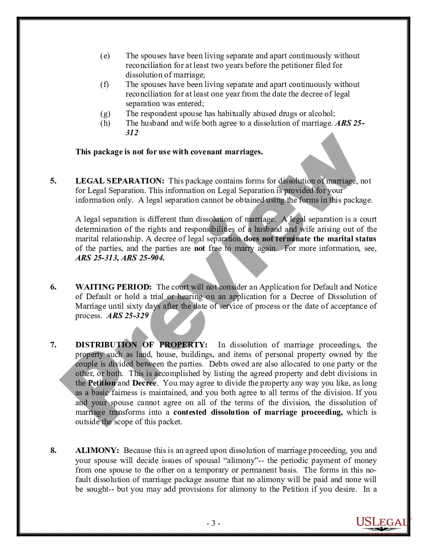 Preview Arizona No-Fault Agreed Uncontested Divorce Package for Dissolution of Marriage for people with Minor Children