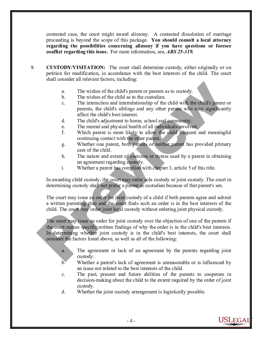 Preview Arizona No-Fault Agreed Uncontested Divorce Package for Dissolution of Marriage for people with Minor Children