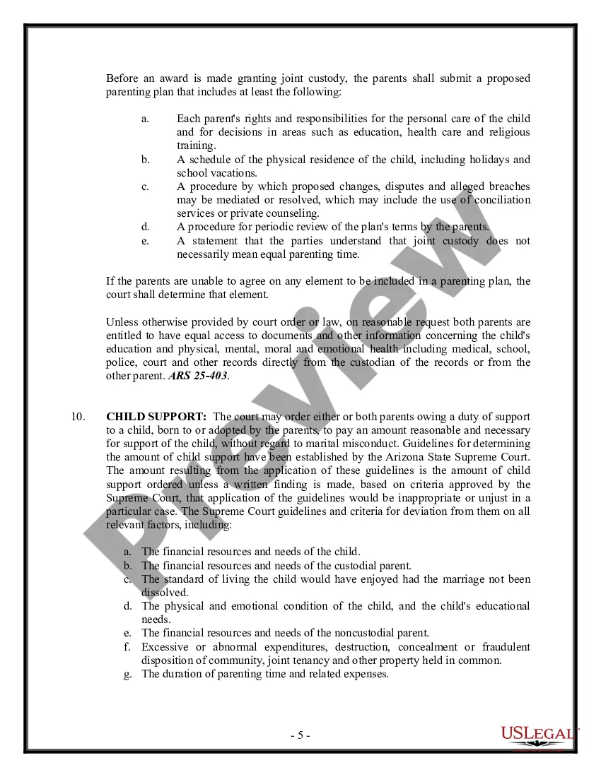 Preview Arizona No-Fault Agreed Uncontested Divorce Package for Dissolution of Marriage for people with Minor Children