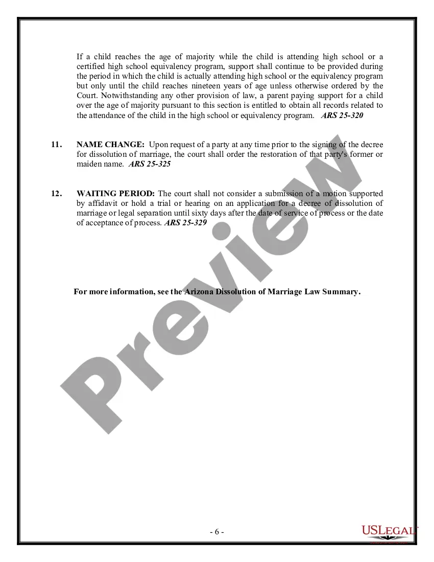 Preview Arizona No-Fault Agreed Uncontested Divorce Package for Dissolution of Marriage for people with Minor Children