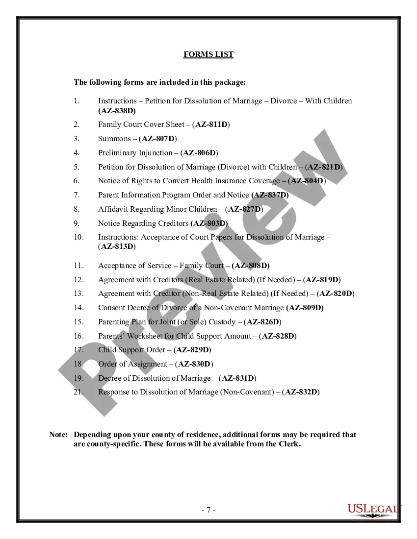 Preview Arizona No-Fault Agreed Uncontested Divorce Package for Dissolution of Marriage for people with Minor Children
