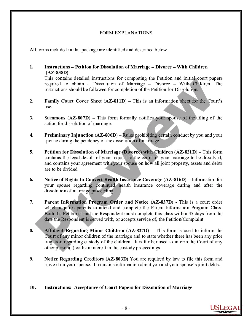 Preview Arizona No-Fault Agreed Uncontested Divorce Package for Dissolution of Marriage for people with Minor Children