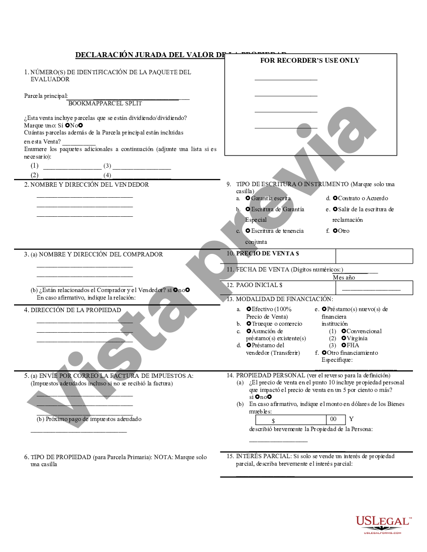 Arizona Declaración Jurada del Valor de la Propiedad Declaración Jurada US Legal Forms