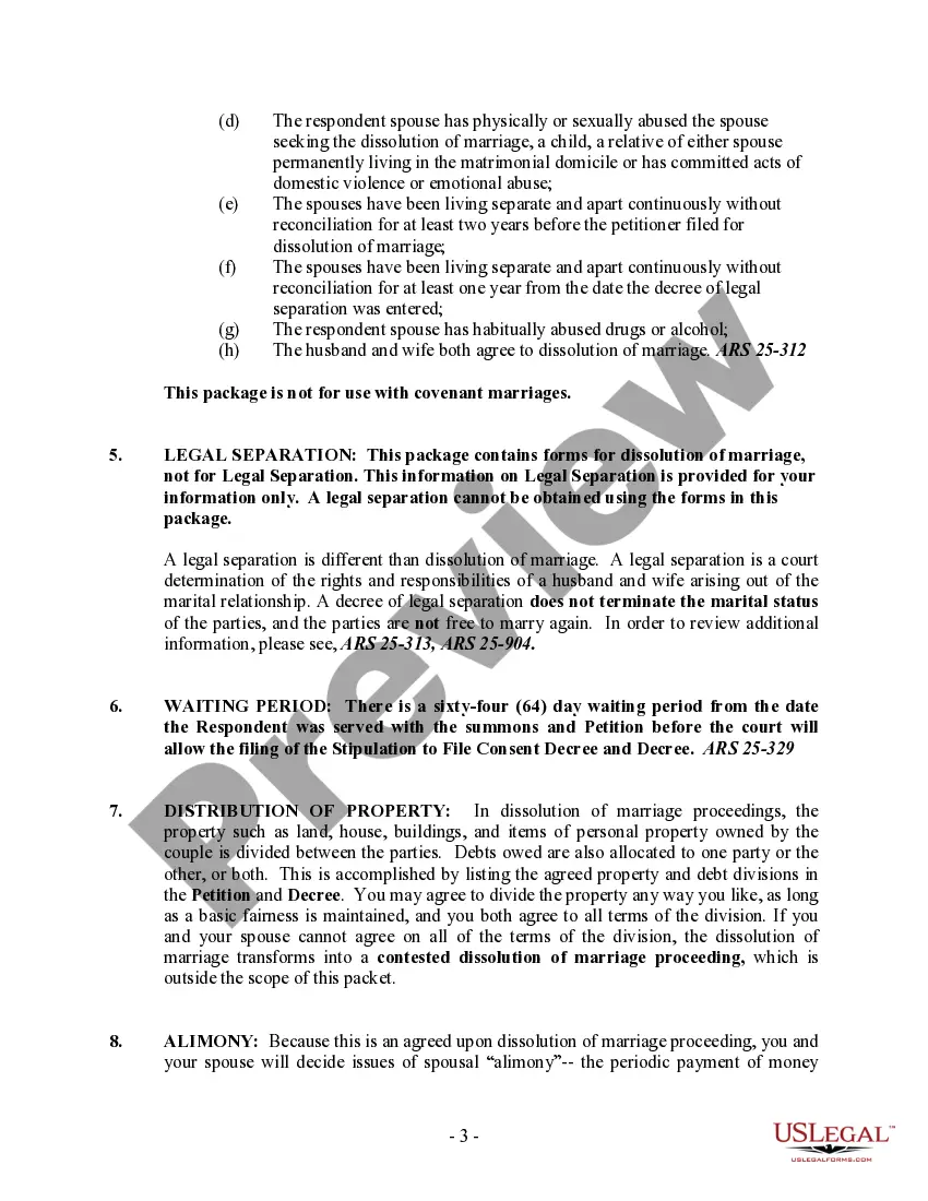 Preview Arizona No-Fault Agreed Uncontested Divorce Package for Dissolution of Marriage for Persons with No Children with or without Property and Debts