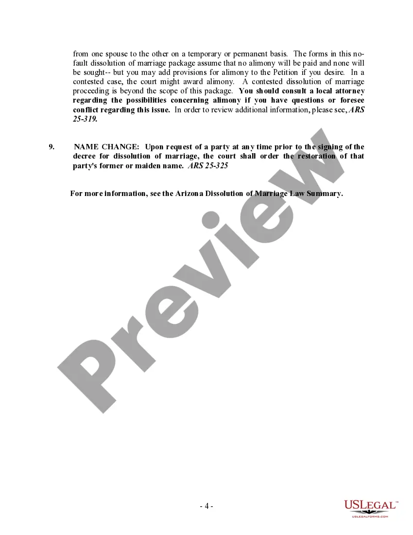 Preview Arizona No-Fault Agreed Uncontested Divorce Package for Dissolution of Marriage for Persons with No Children with or without Property and Debts