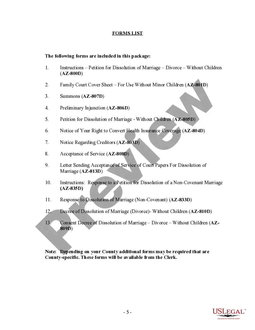 Preview Arizona No-Fault Agreed Uncontested Divorce Package for Dissolution of Marriage for Persons with No Children with or without Property and Debts