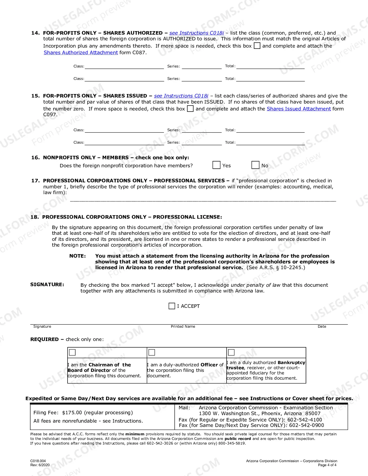 Preview Arizona Registration of Foreign Corporation