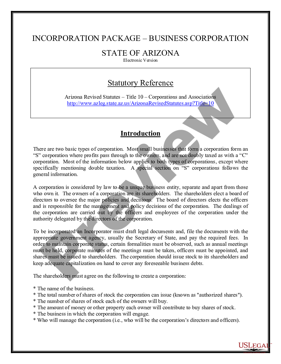 page 1 Arizona Business Incorporation Package to Incorporate Corporation preview
