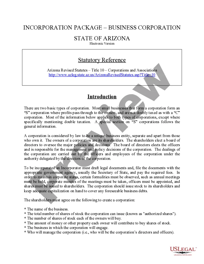 Preview Arizona Business Incorporation Package to Incorporate Corporation