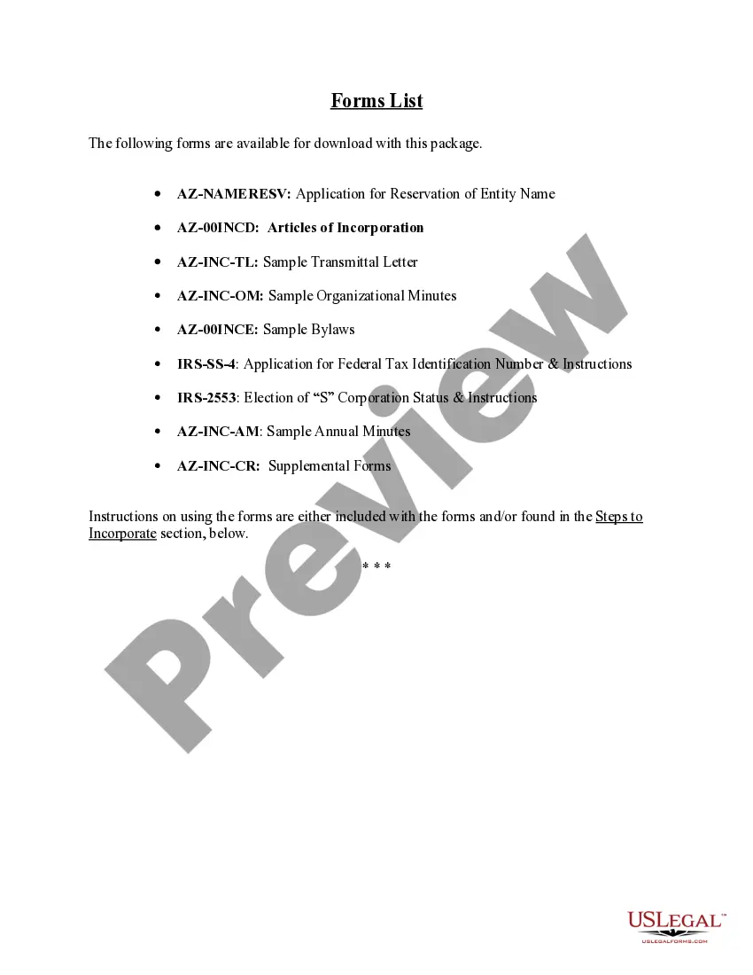 Preview Arizona Business Incorporation Package to Incorporate Corporation