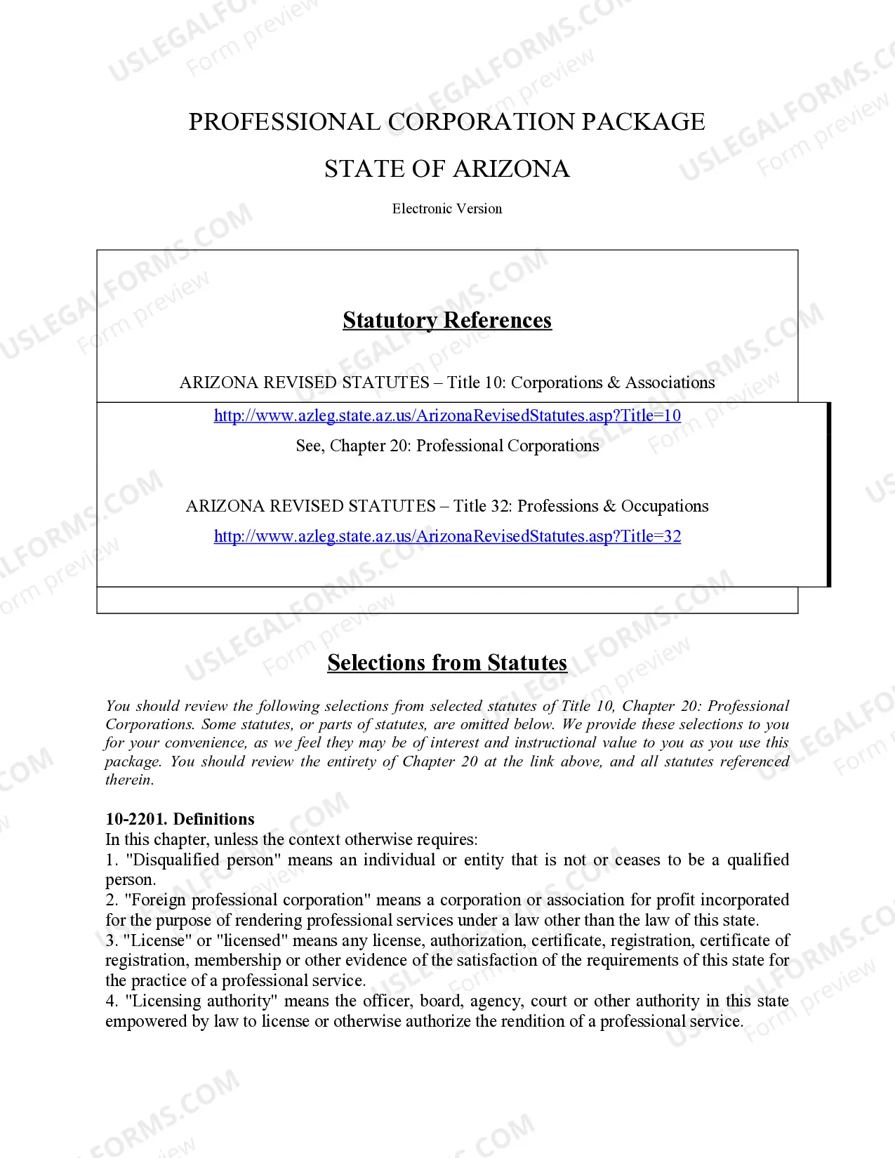 Preview Professional Corporation Package for Arizona