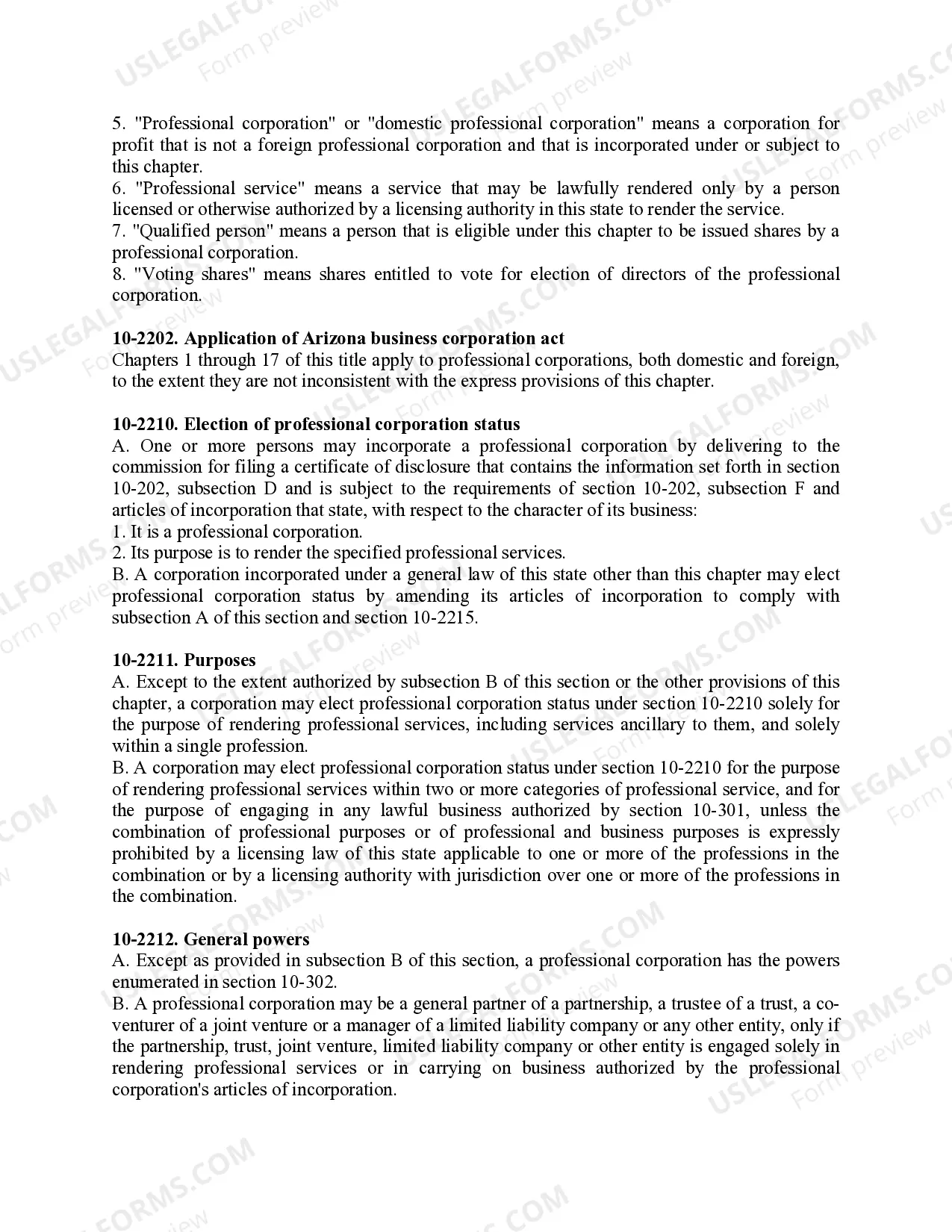 Preview Professional Corporation Package for Arizona