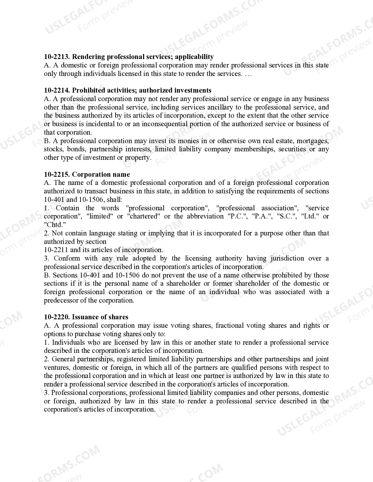 Preview Professional Corporation Package for Arizona