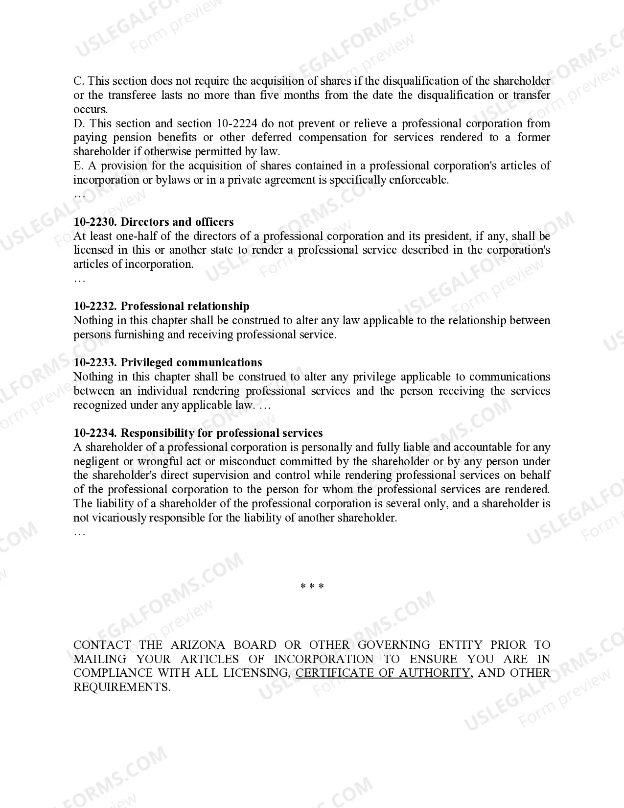 Preview Professional Corporation Package for Arizona
