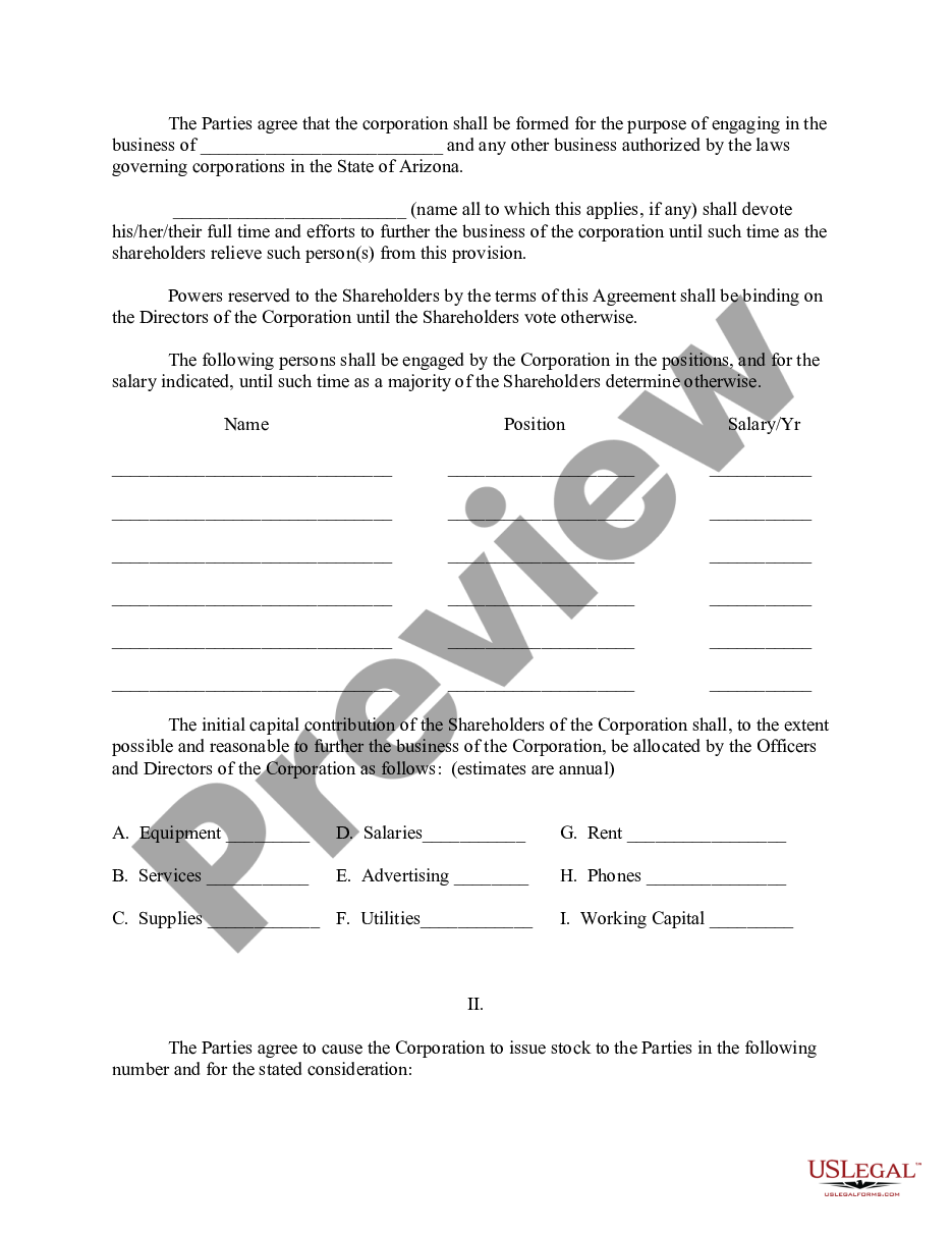 page 1 Arizona Pre-Incorporation Agreement, Shareholders Agreement and Confidentiality Agreement preview