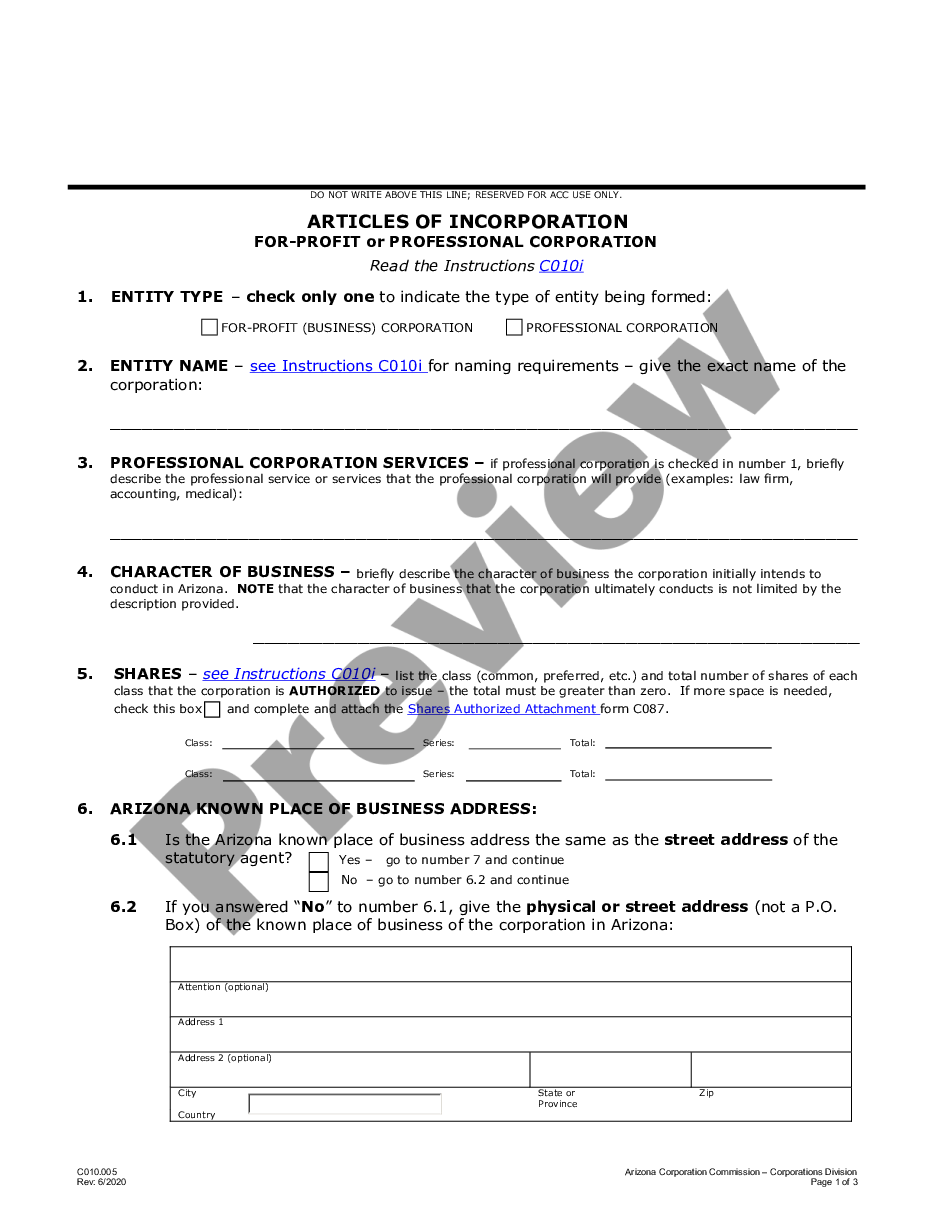 page 0 Arizona Articles of Incorporation for Domestic For-Profit Corporation preview