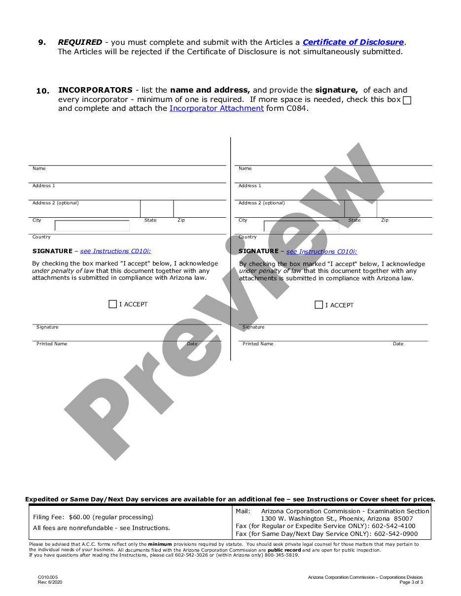 page 2 Arizona Articles of Incorporation for Domestic For-Profit Corporation preview