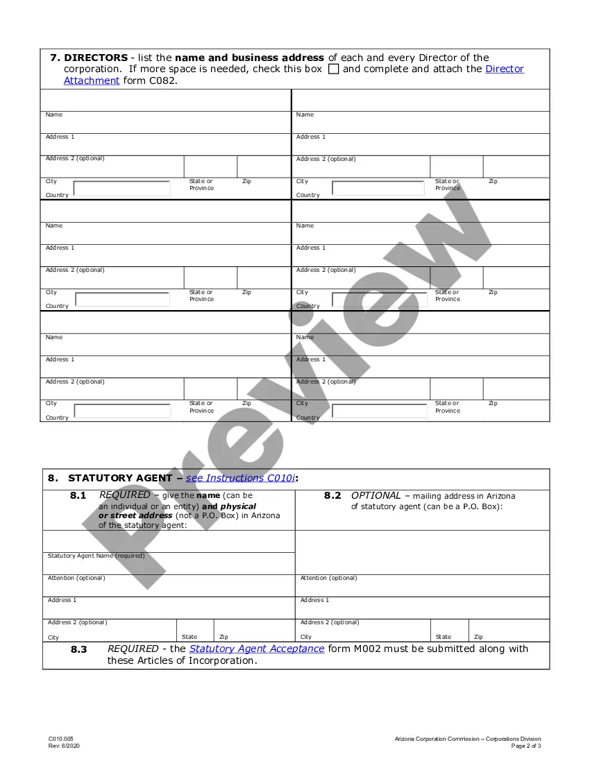Preview Arizona Articles of Incorporation for Domestic For-Profit Corporation