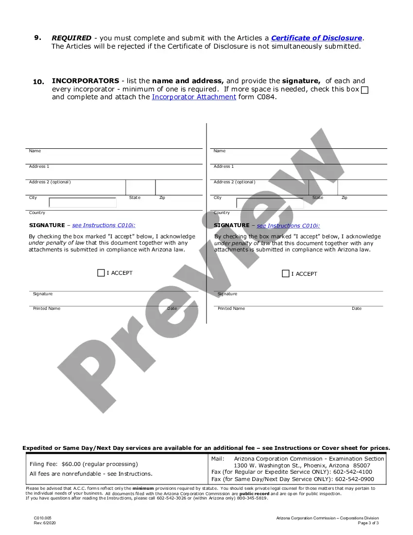 Preview Arizona Articles of Incorporation for Domestic For-Profit Corporation